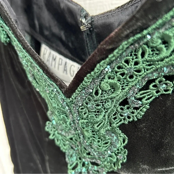 VTG 90s Rampage Velvet Long Maxi Dress Green Off The Shoulder Sparkle Embroidery - Picture 4 of 6